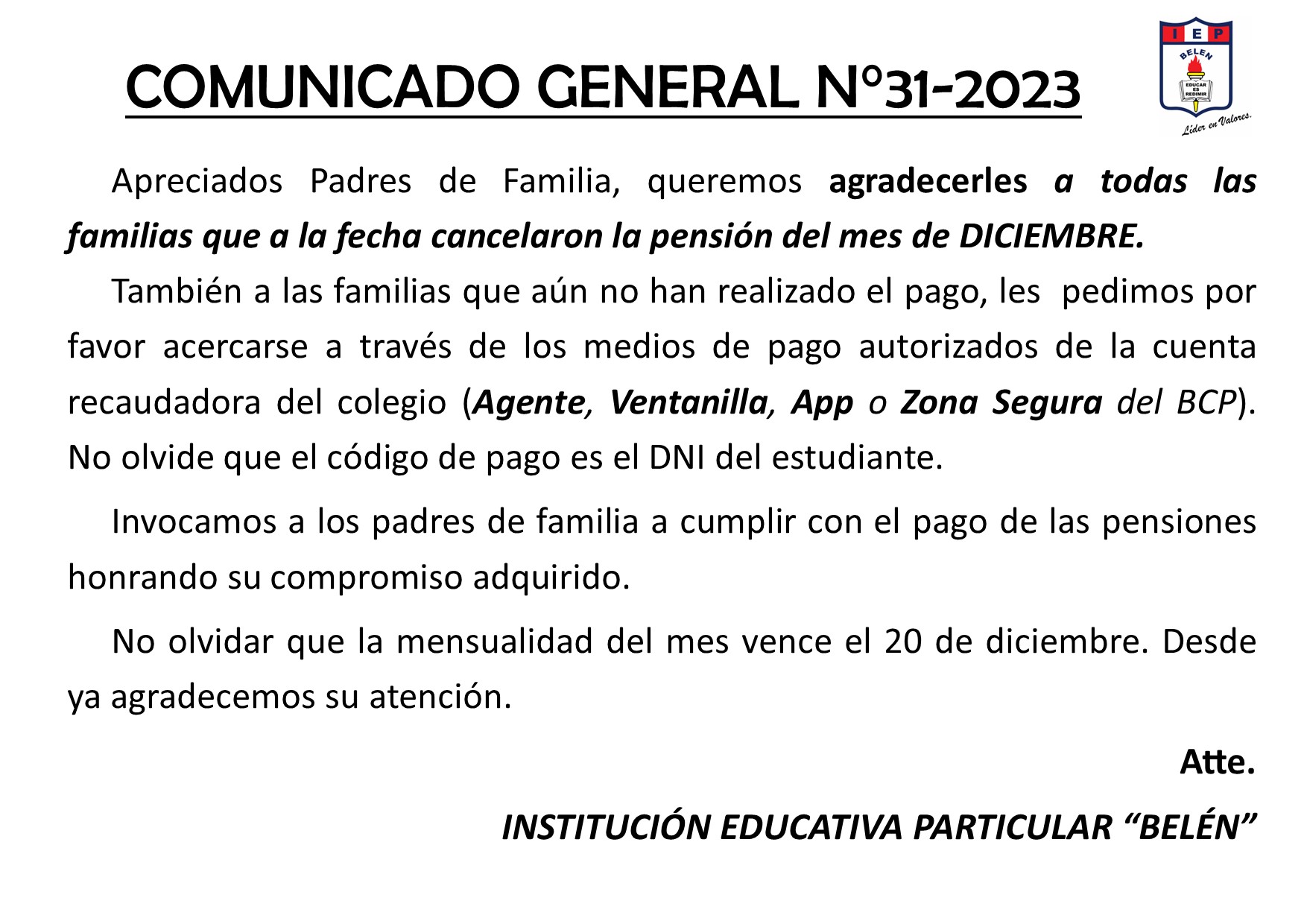 Comunicado General N° 31-2023