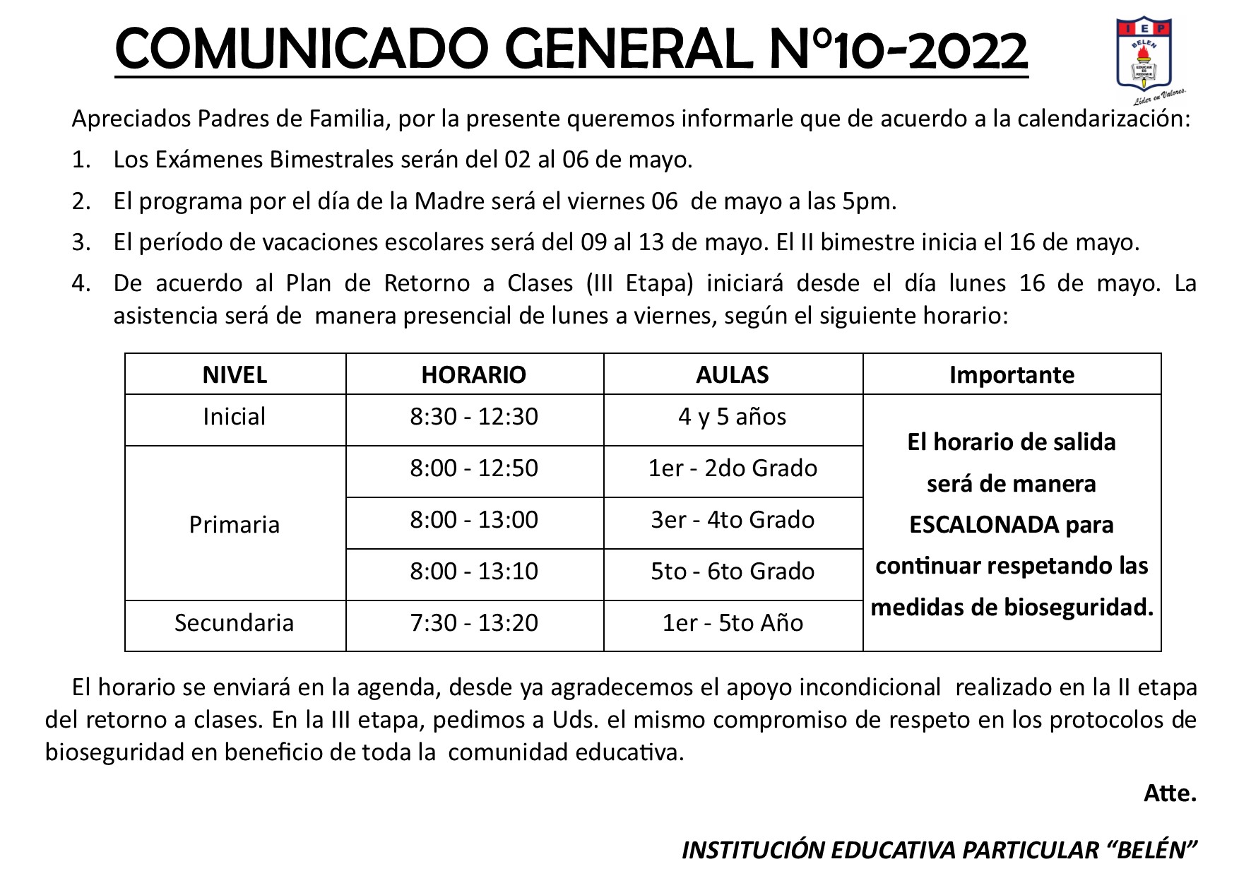 Comunicado General N° 10-2022