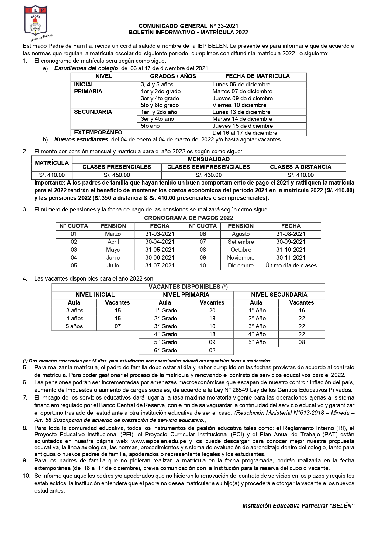 Comunicado General N° 33-2021