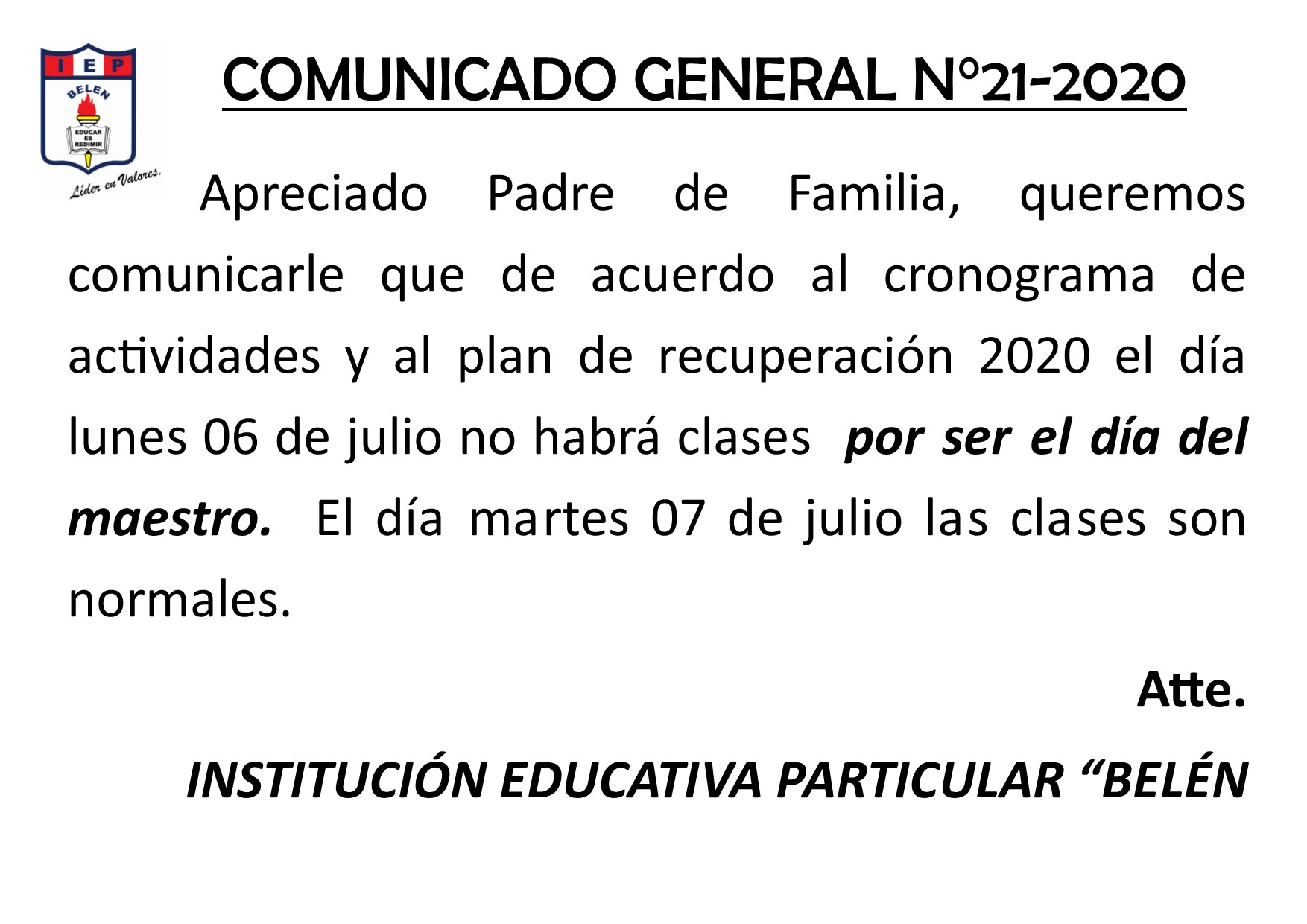 Comunicado General N° 21-2020