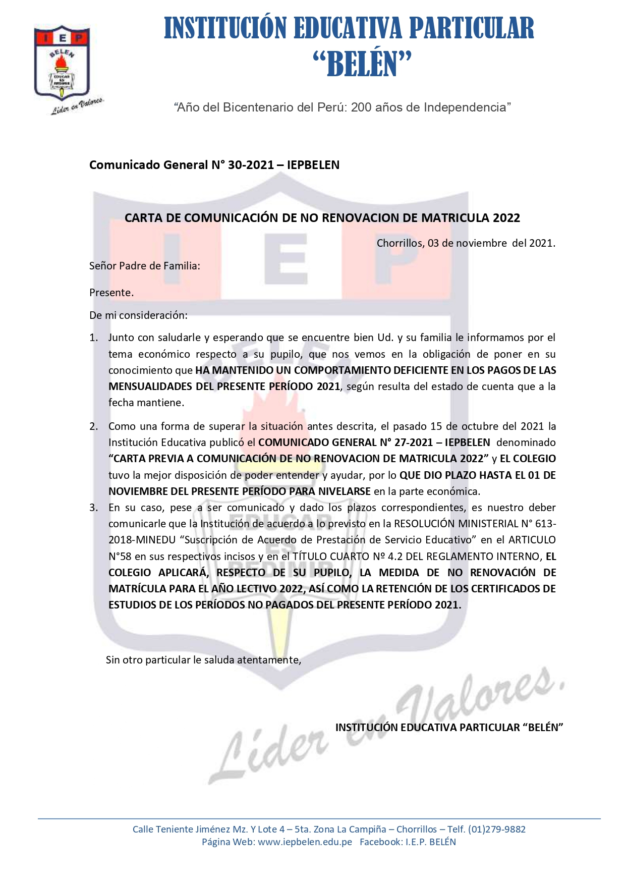 Comunicado General N° 30-2021