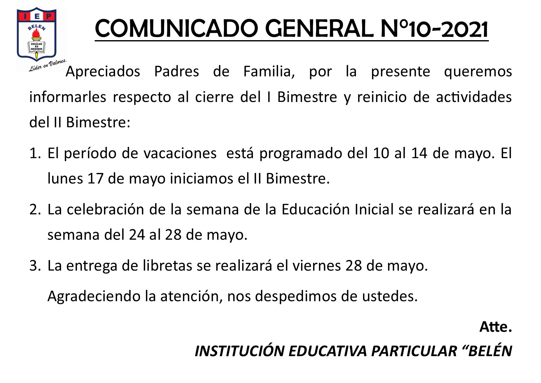 Comunicado General N° 10-2021