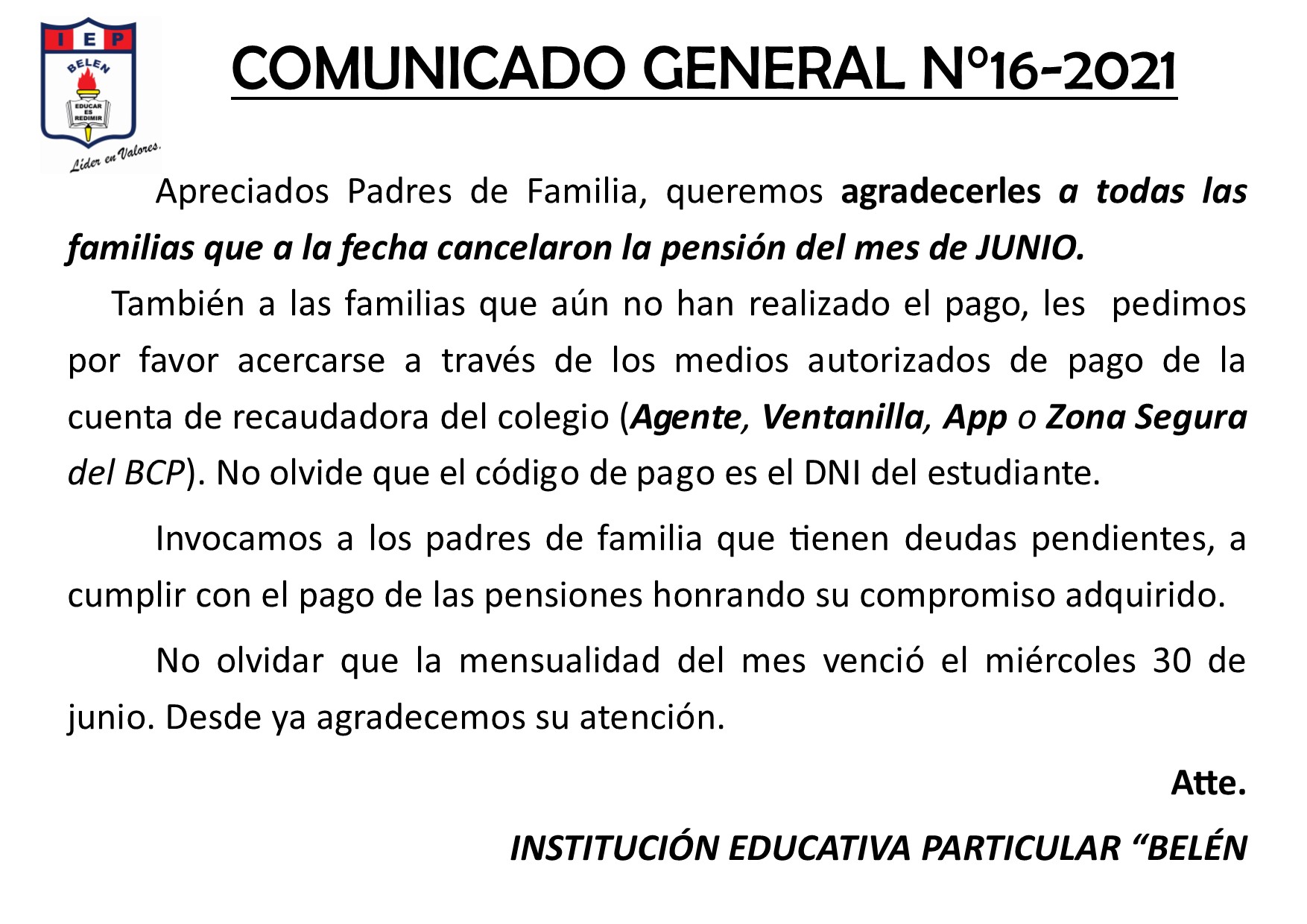Comunicado General N° 16-2021