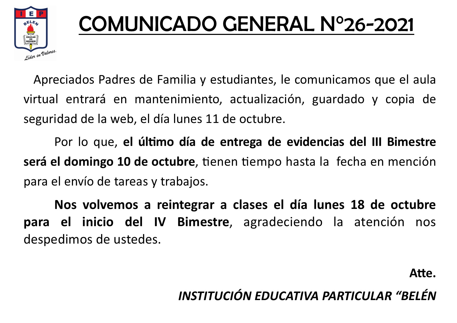 Comunicado General N° 26-2021
