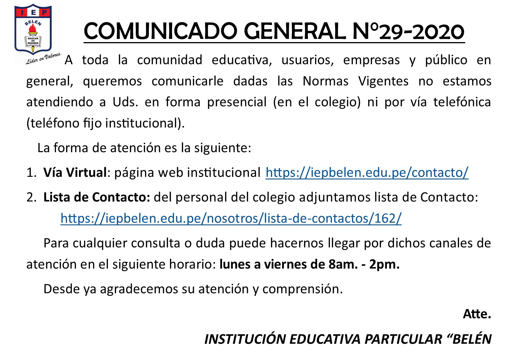 Comunicado General N° 29-2020