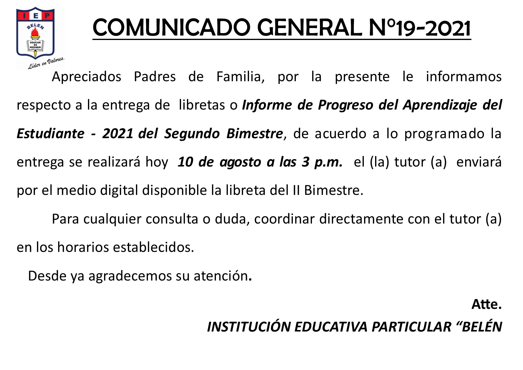 Comunicado General N° 19-2021