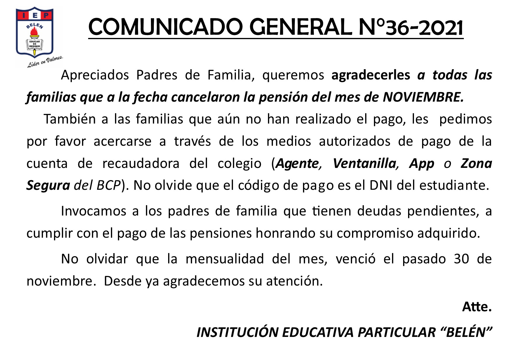 Comunicado General N° 36-2021