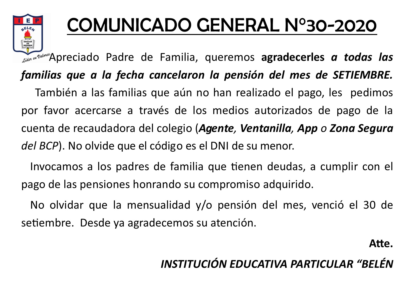 Comunicado General N° 30-2020