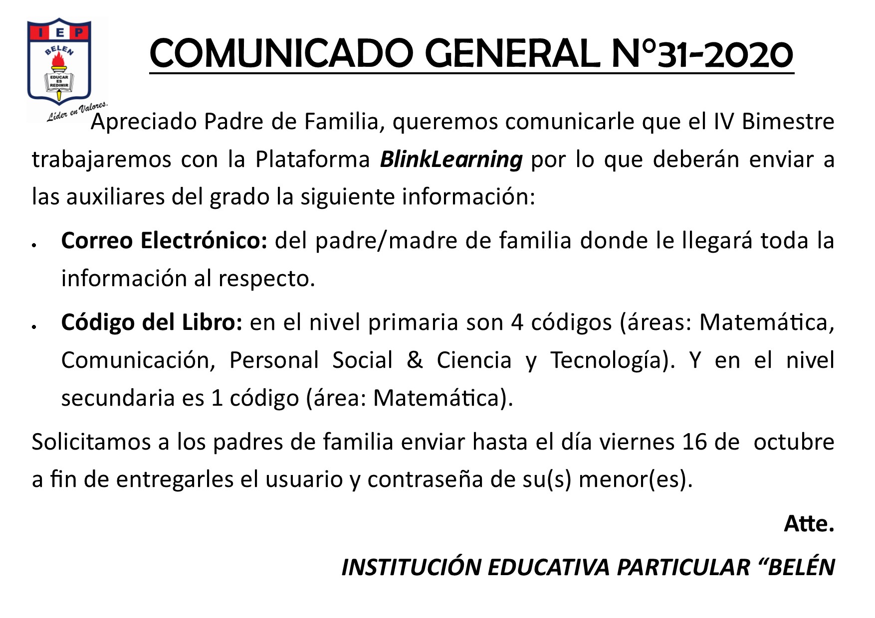 Comunicado General N° 31-2020