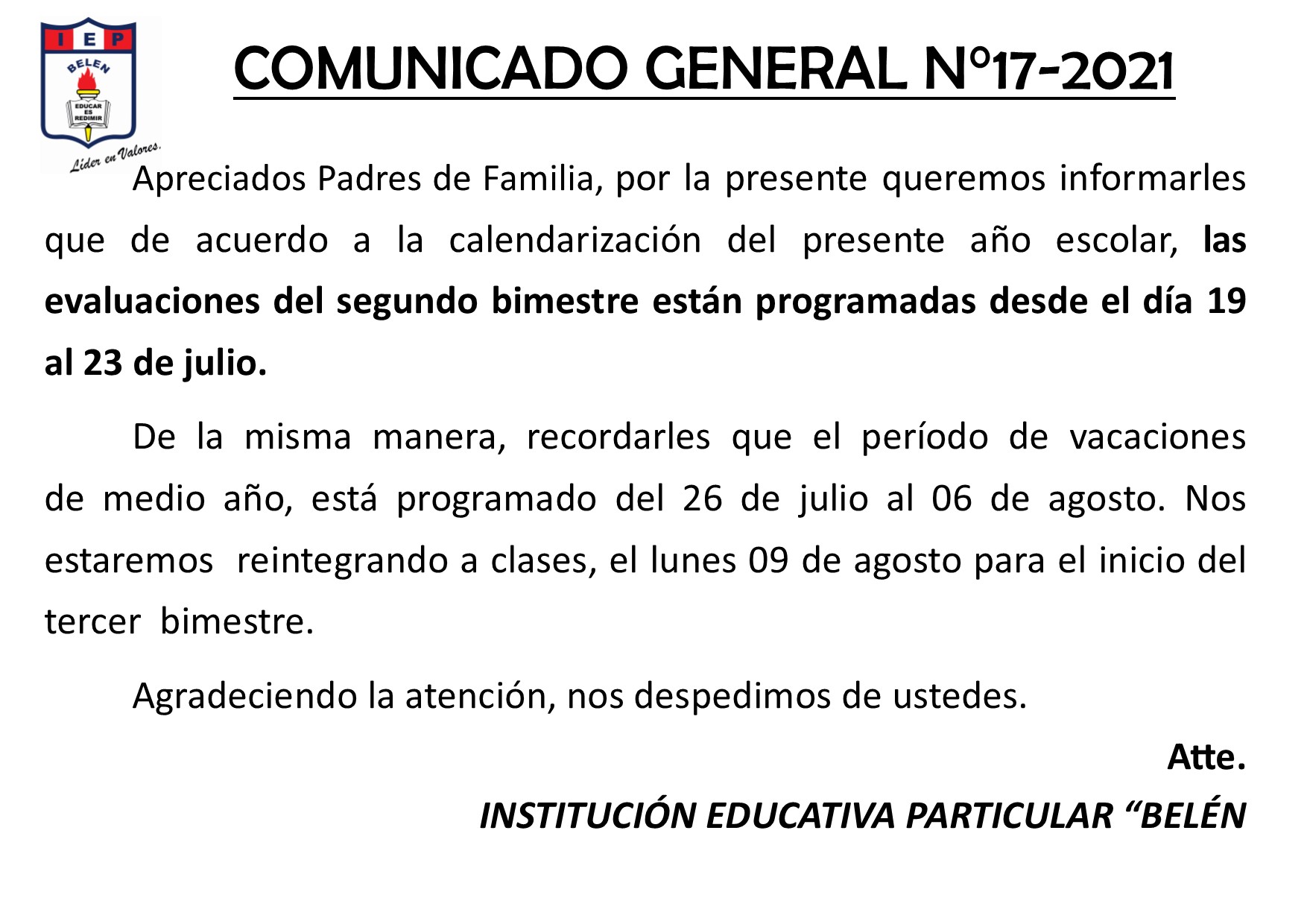 Comunicado General N° 17-2021