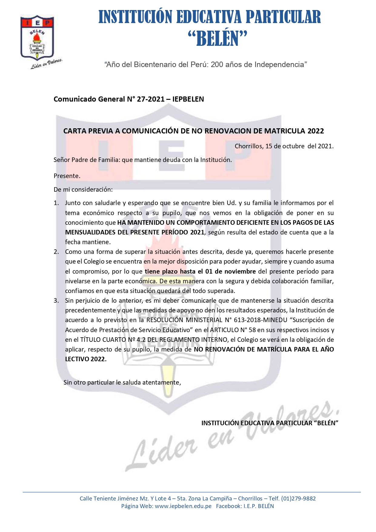 Comunicado General N° 27-2021
