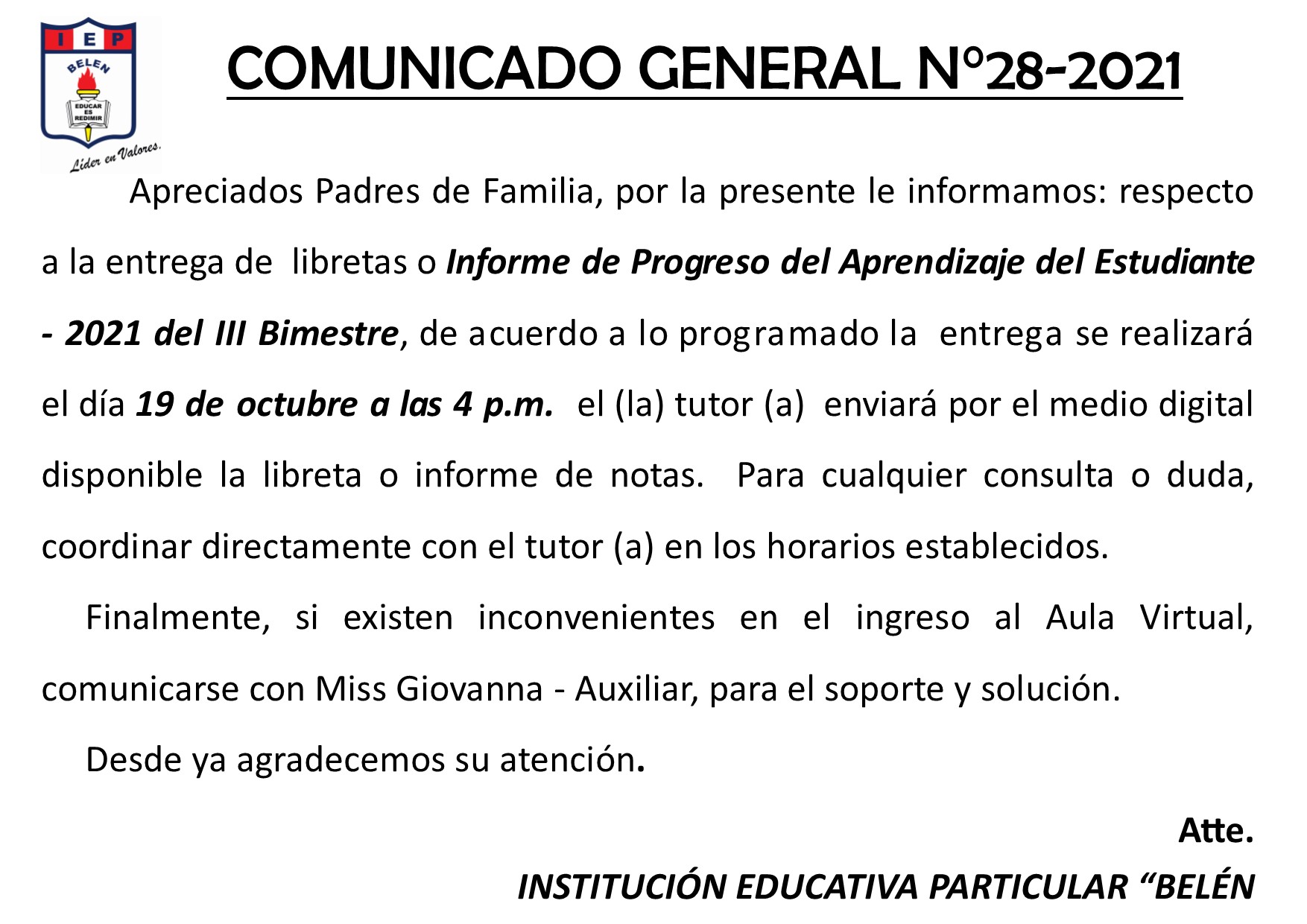 Comunicado General N° 28-2021