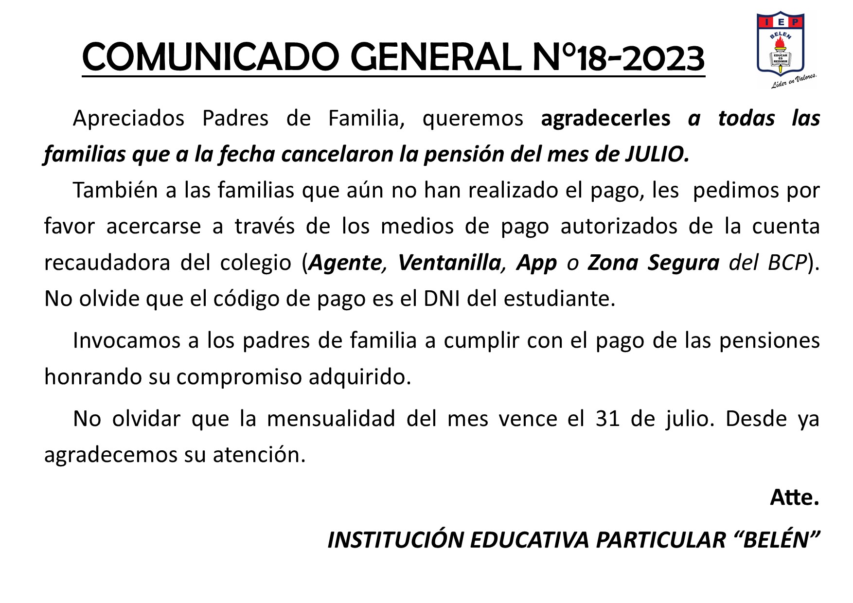 Comunicado General N° 18-2023