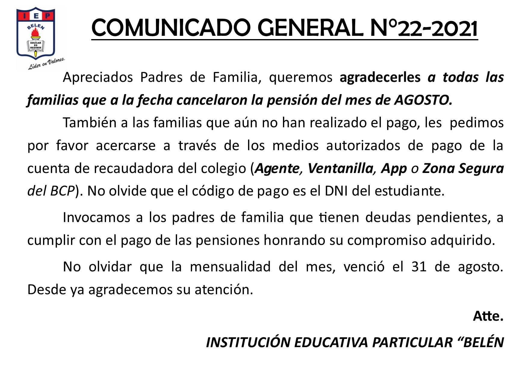 Comunicado General N° 22-2021