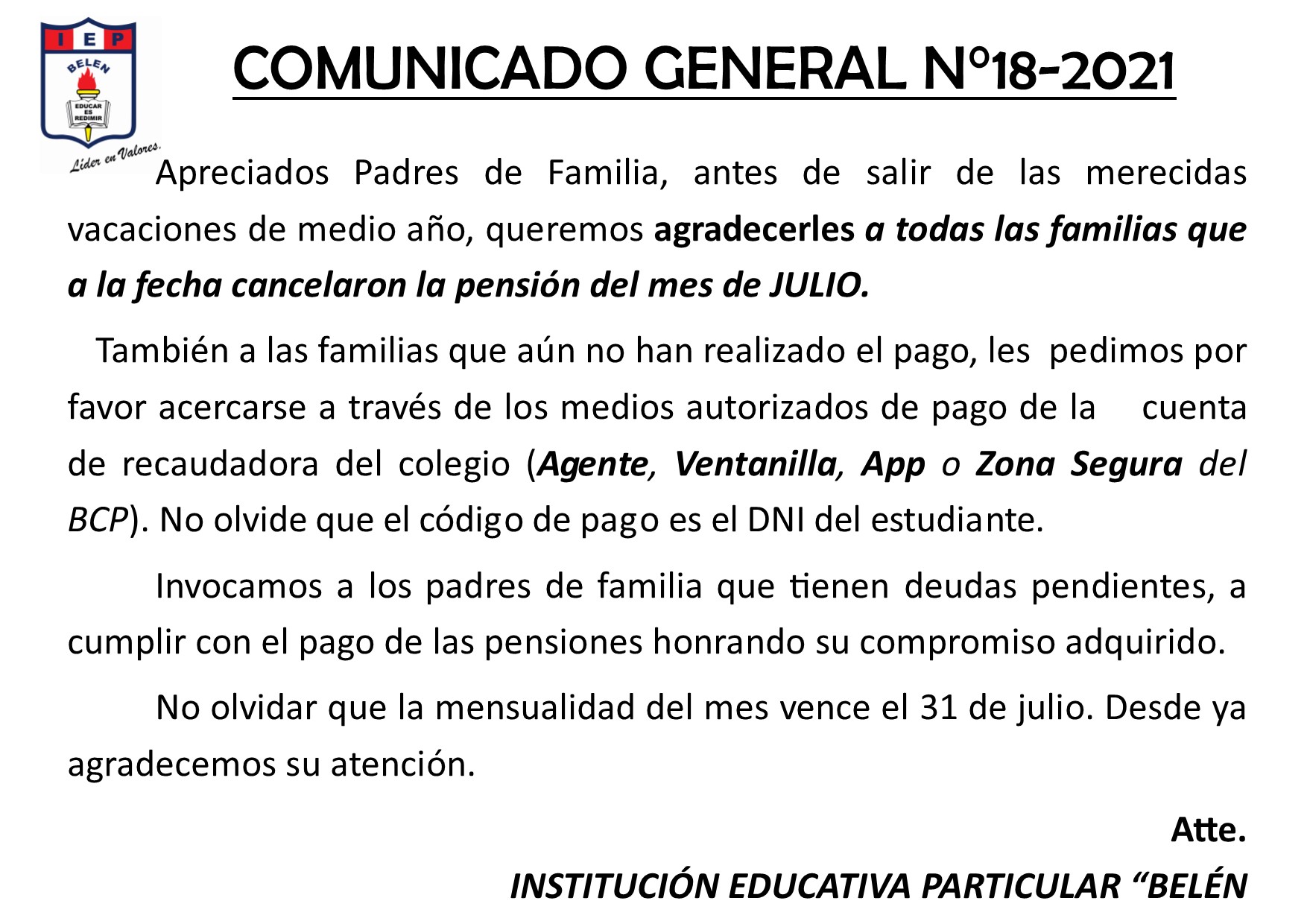 Comunicado General N° 18-2021