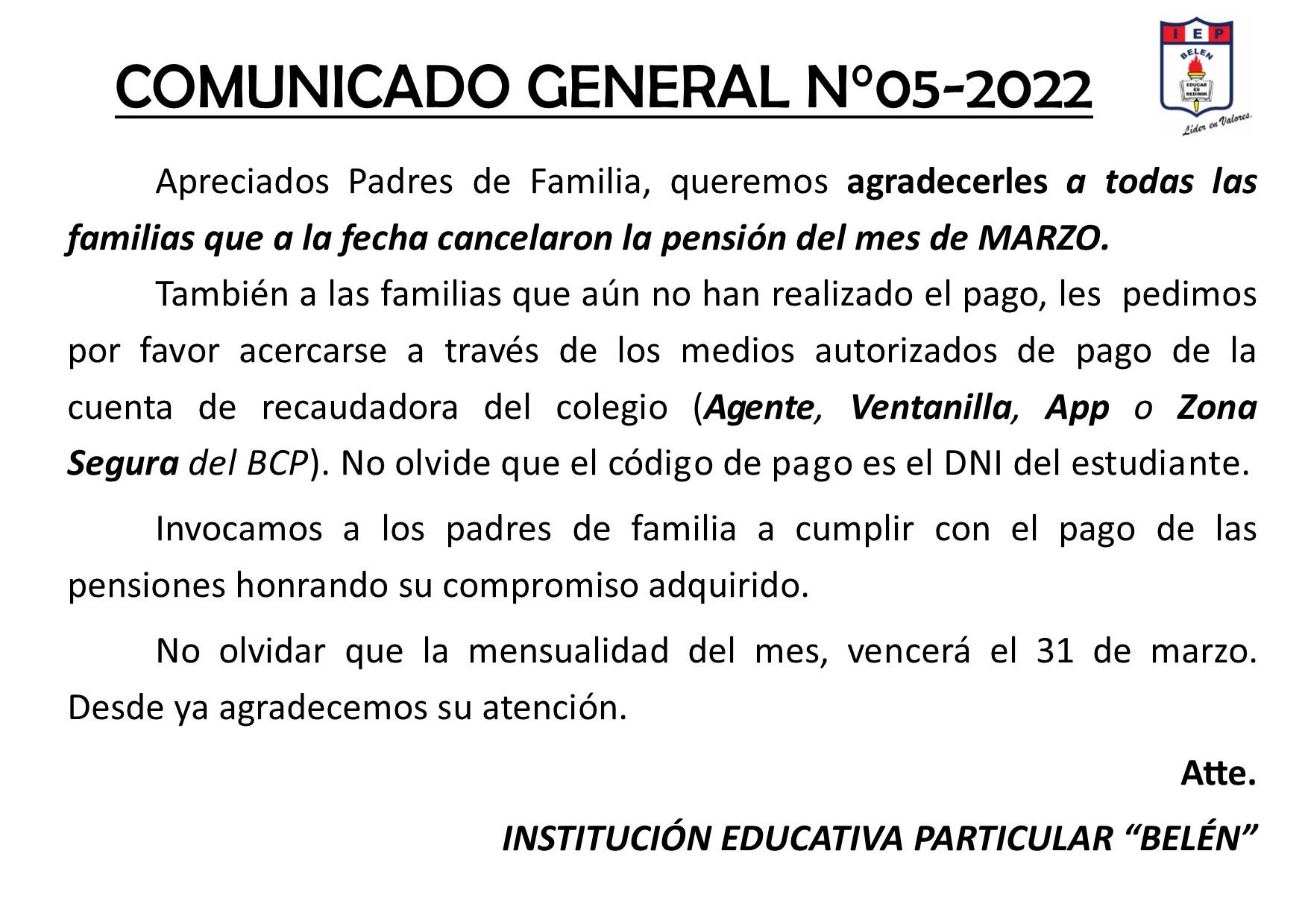 Comunicado General N° 05-2022