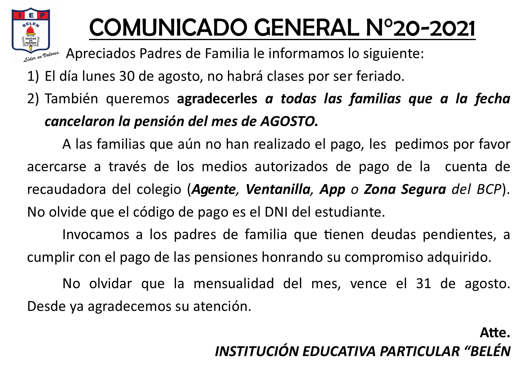 Comunicado General N° 20-2021