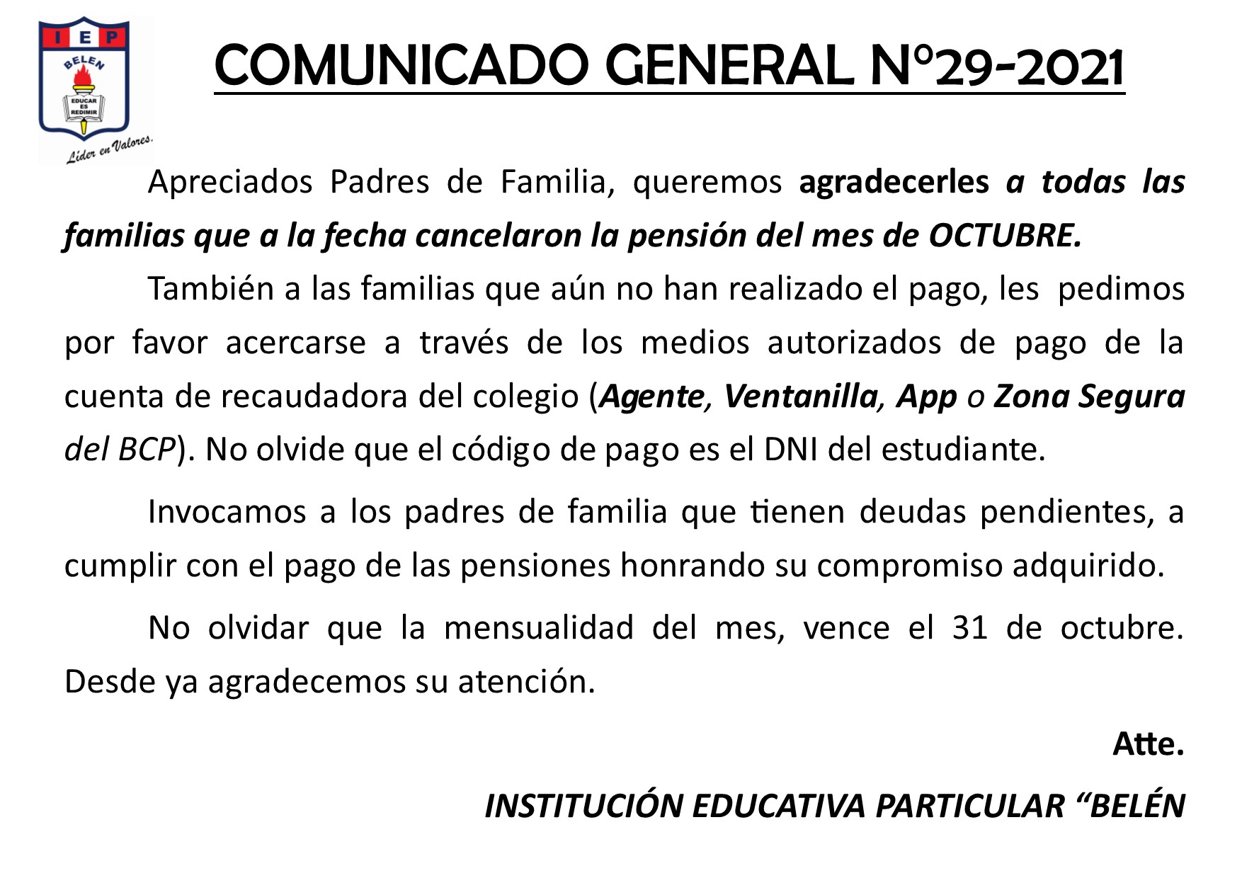 Comunicado General N° 29-2021