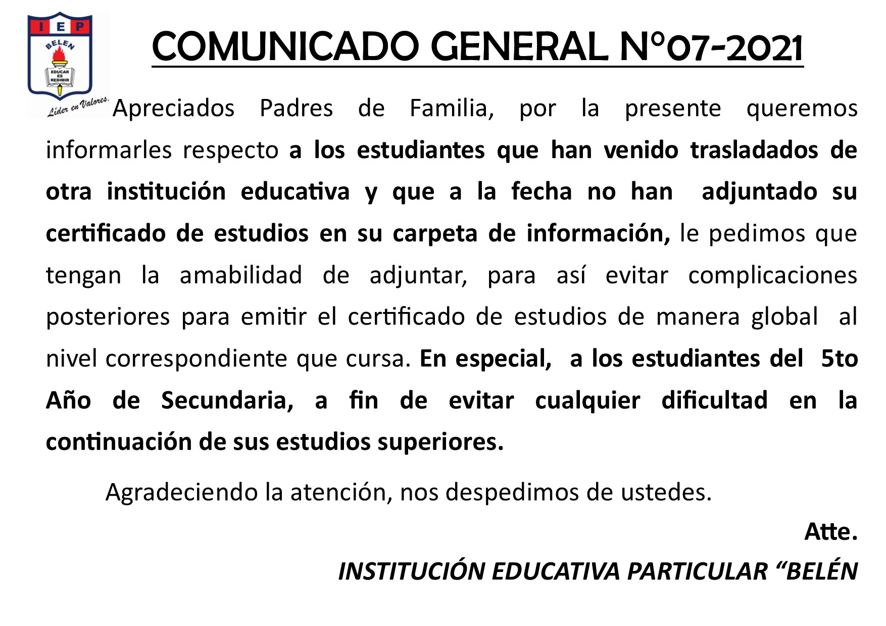 Comunicado General N° 07-2021