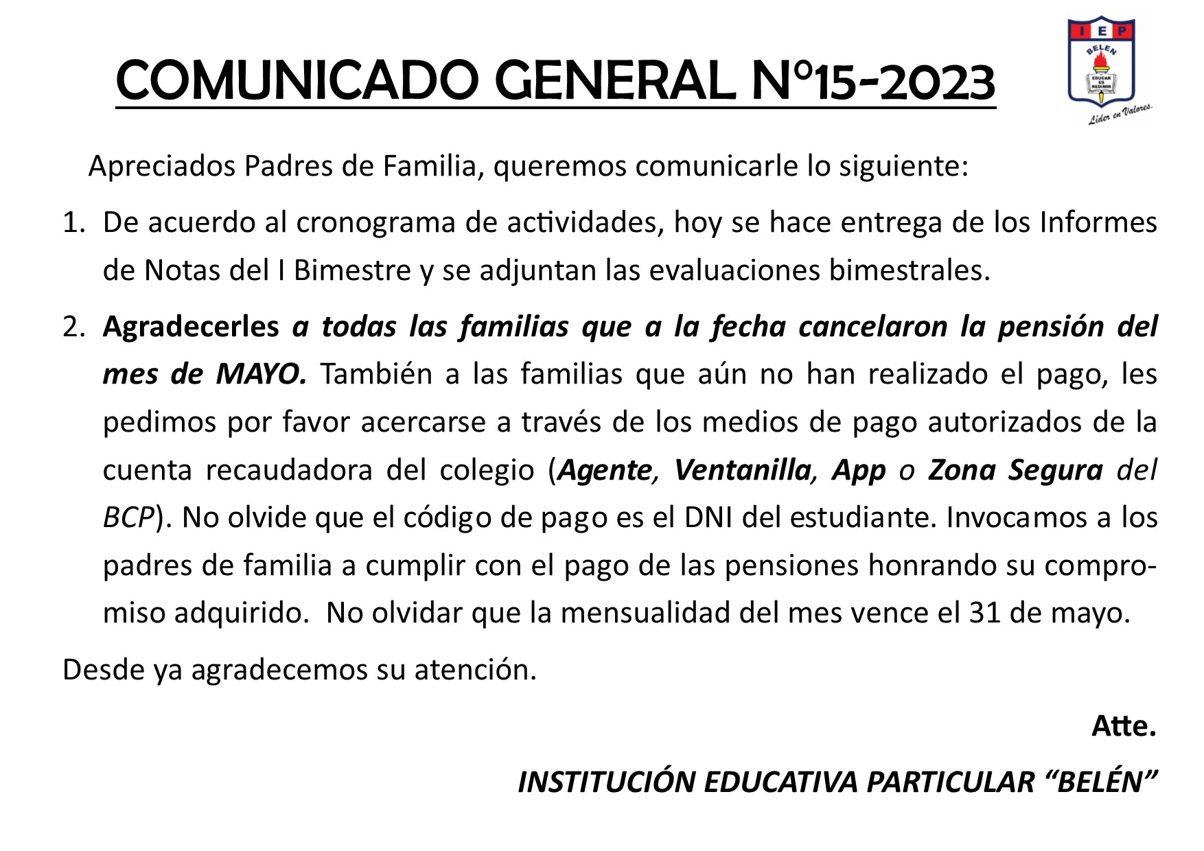 Comunicado General N° 15-2023