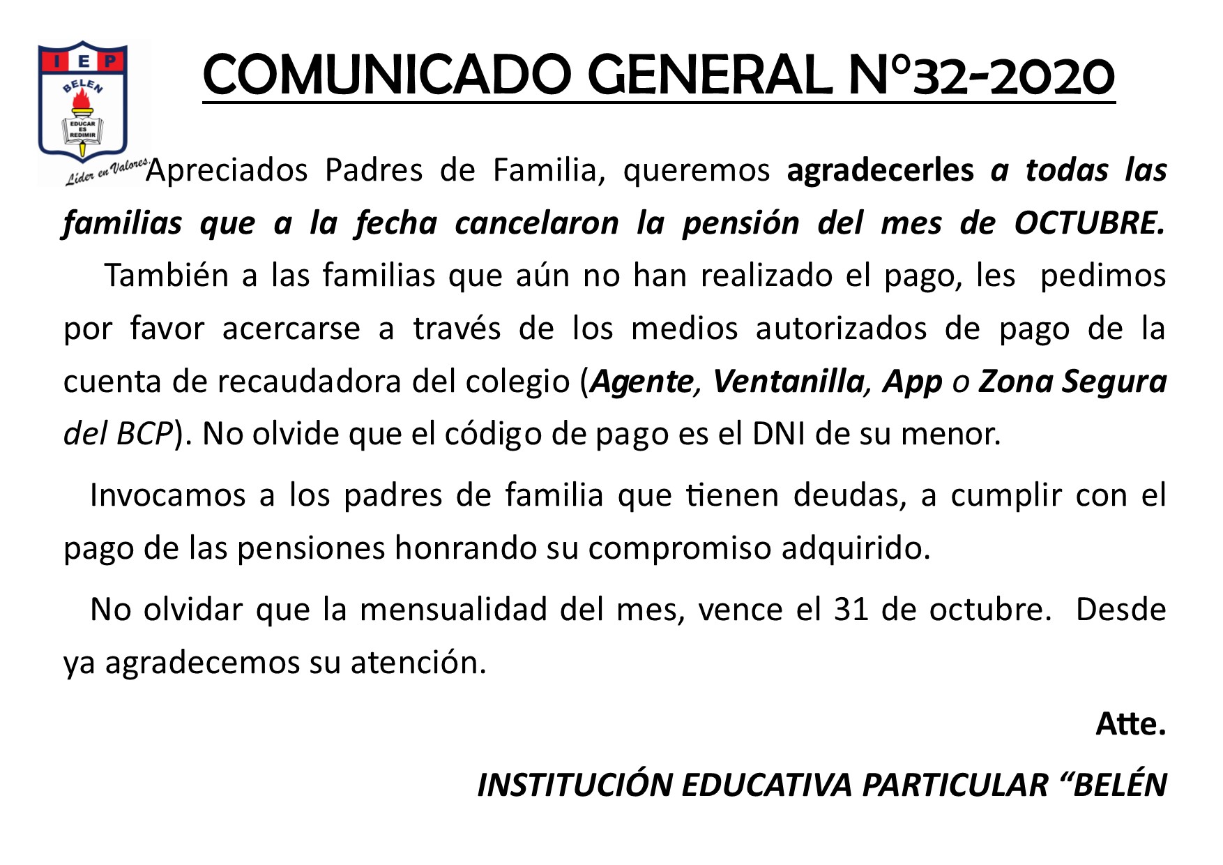 Comunicado General N° 32-2020