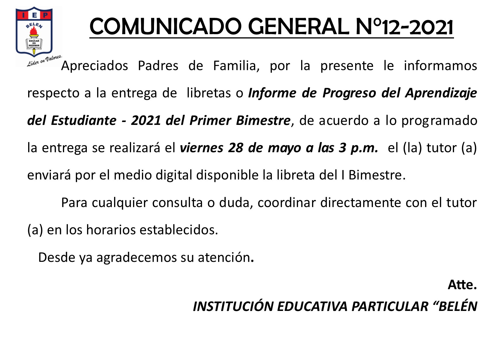 Comunicado General N° 12-2021
