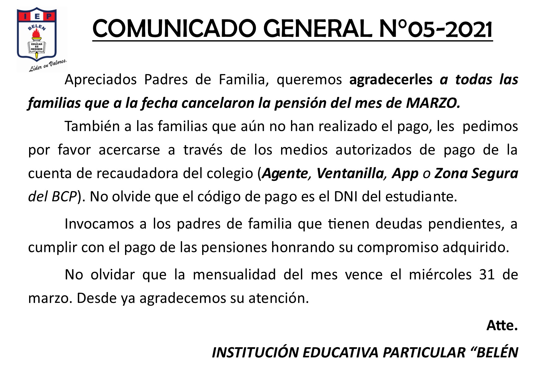 Comunicado General N° 05-2021