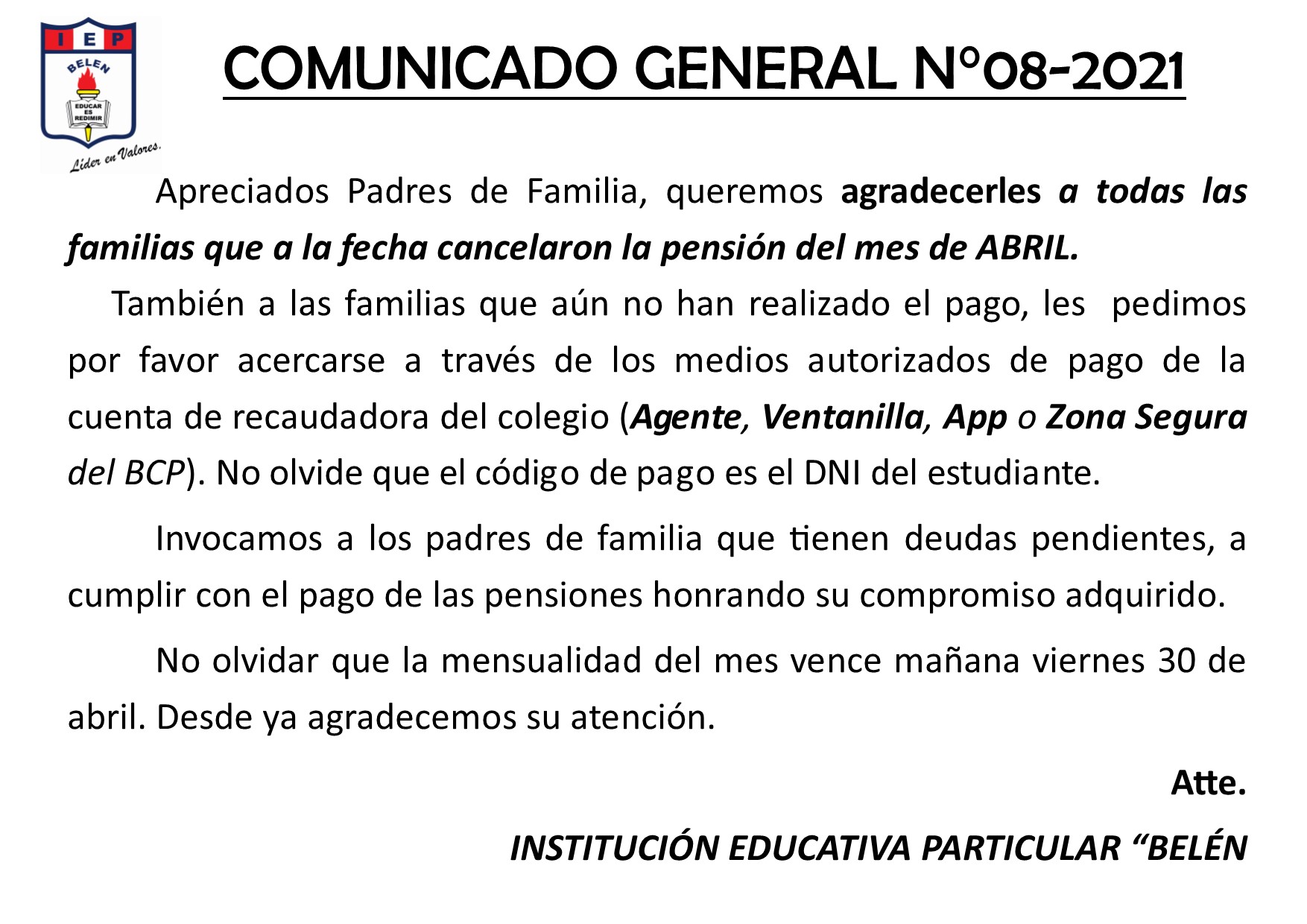 Comunicado General N° 08-2021