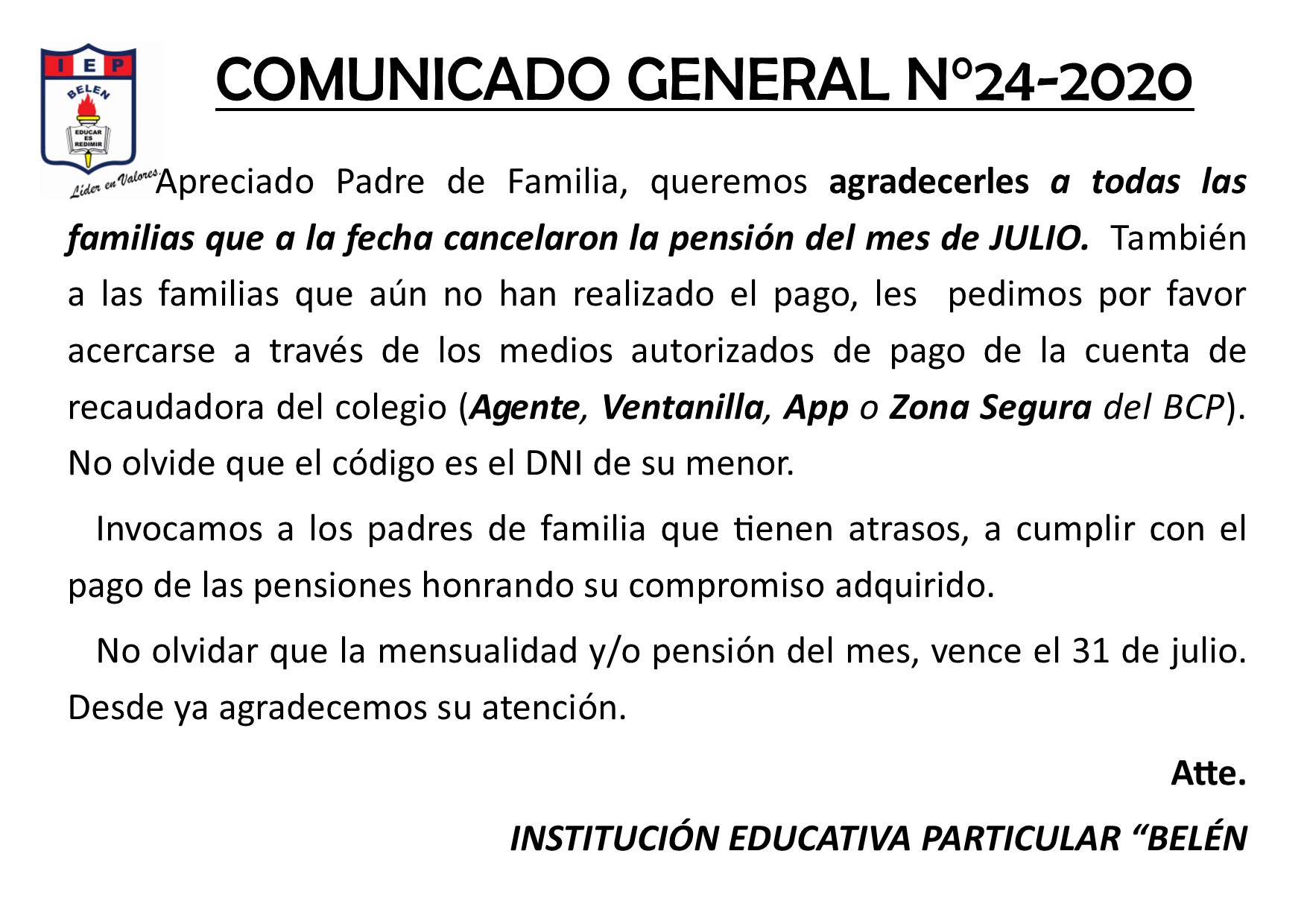Comunicado General N° 24-2020