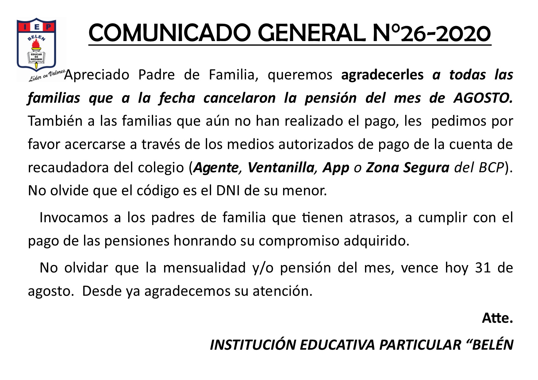 Comunicado General N° 26-2020