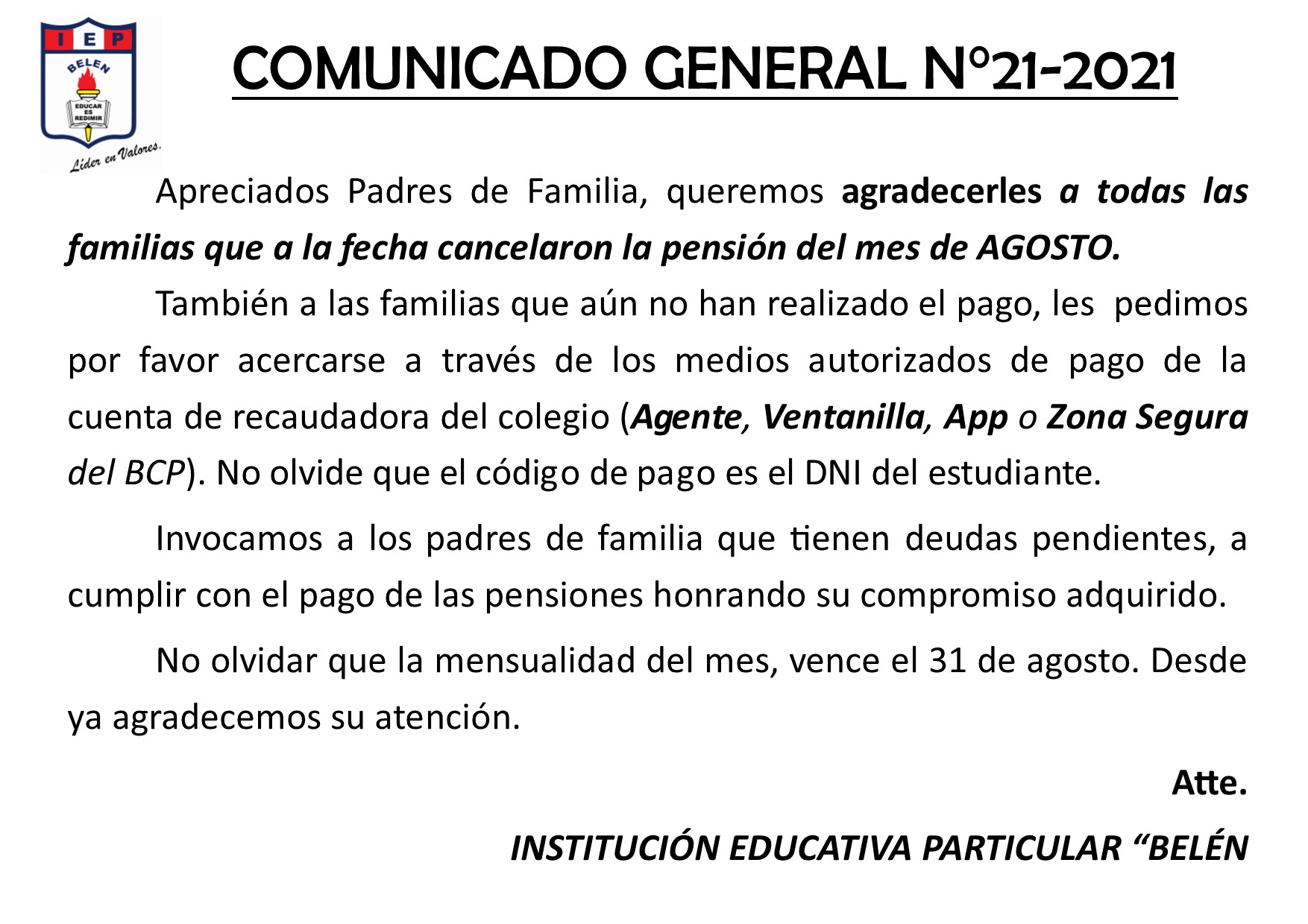 Comunicado General N° 21-2021